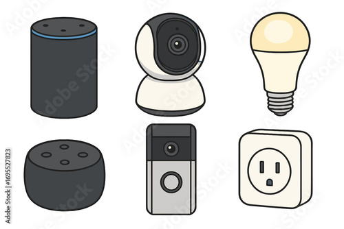 Smart home devices vector icon set. Home automation technology. Internet of Things. Gadgets like smart speaker, security camera, video doorbell, smart plug, and smart bulb.