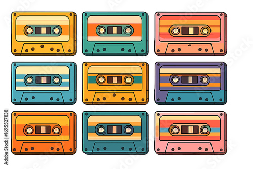 Colorful collection of vintage cassette tapes. Retro 80s 90s music audio nostalgia concept. Old school analogue media technology. Vector cartoon illustration icon set.
