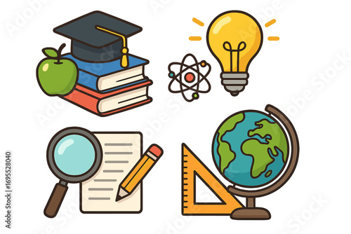 Education and knowledge icon set. School, university, science symbols. Graduation cap, book, globe, atom, lightbulb. Learning, discovery, innovation concept vector cartoon.