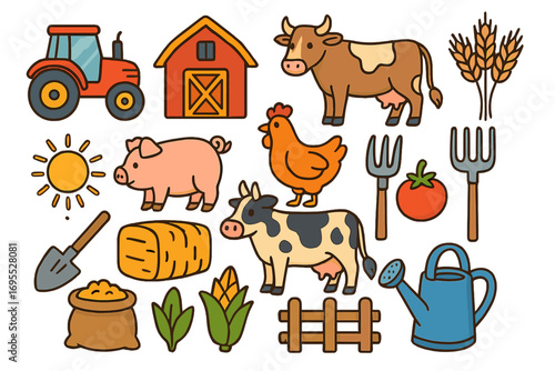 Farm life icon set with cute cartoon animals, tractor, and barn. Agriculture vector collection with pig, cow, chicken for kids. Farming equipment and food illustration.