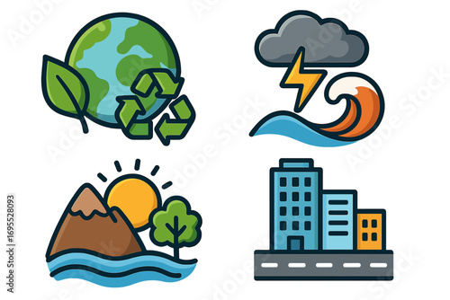 Environment & climate change icon set. Ecology, recycling earth. Natural disaster, storm, tsunami. Nature landscape, mountain, sun. Urban city building. Vector cartoon illustration.
