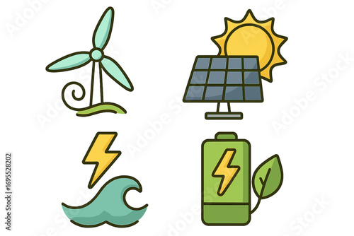 Renewable energy sources icon set. Sustainable power technology symbols. Wind turbine, solar panel, hydro wave power, and green battery storage vector cartoon illustration.