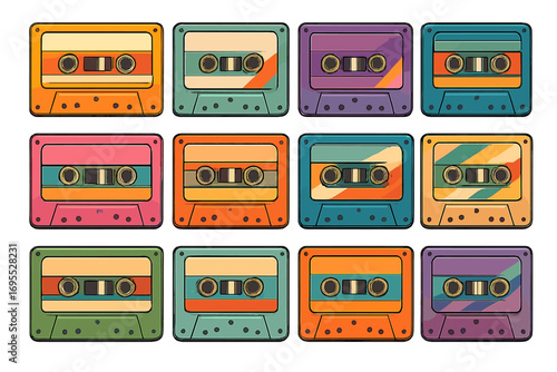 Retro cassette tapes collection. Vintage 80s and 90s music audio tapes. Nostalgic pop art vector illustration set. Old school analogue media for mixtape and sound.