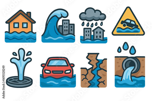 Natural disaster icon set. Flood, tsunami, heavy rainstorm symbols. Flooded house, car in water, city buildings. Emergency warning sign, burst water pipe, sewer drainage.