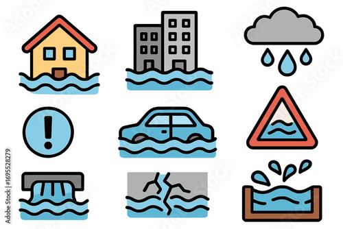 Flood icon set vector. Natural disaster symbols collection. Water damage, house, car, city flooding. Rain, warning sign, insurance claim. Climate change hazard cartoon.