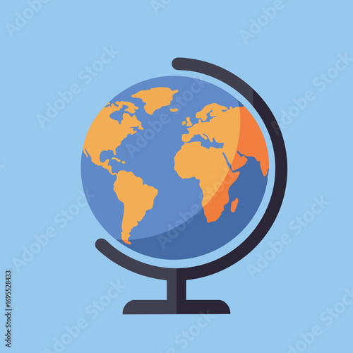 Illustration of a globe on a stand, depicting continents in orange and blue.