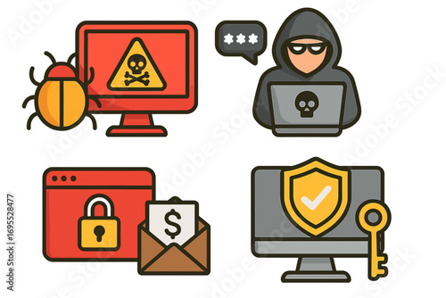 Cybersecurity icons collection. Hacker attack, computer virus, malware, phishing, ransomware. Internet security, data protection, antivirus shield, privacy key, password. Vector.