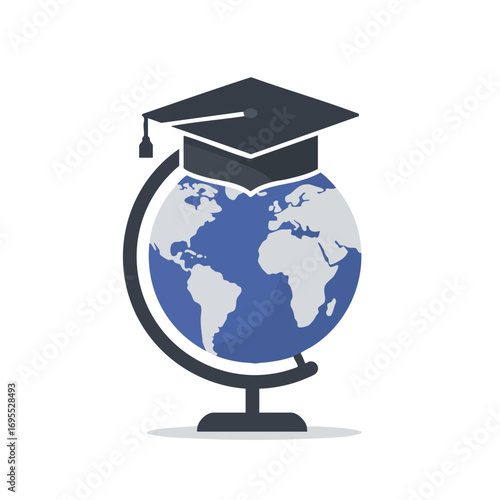 Graduation cap on a globe, symbolizing global education.