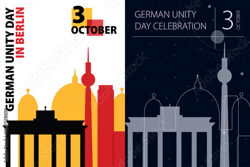 Germany Unity Day poster pack. Vector illustrations with Berlin, capital city skyline and landmarks shape for holiday card, print, event, brochure. Modern template