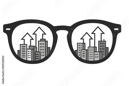 Real estate market growth concept. Urban development vision through glasses. City skyline with rising arrows. Business investment outlook. Property market boom metaphor vector.