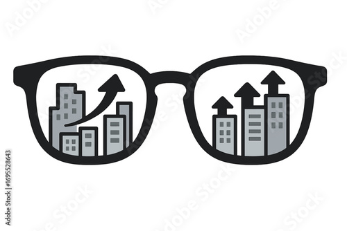 Real estate investment vision. Urban growth viewed through glasses. Business perspective on city development. Market success and progress concept with arrows up.