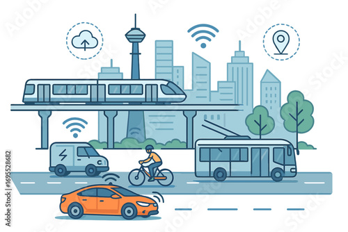 Smart city urban transportation network with autonomous car, public transport and future technology. Vector cartoon illustration of connected mobility and internet of things.