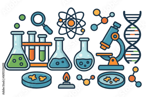 Science research icon set. Colorful cartoon vector illustration of laboratory equipment including microscope, DNA, atom, and chemical flasks for biology and chemistry analysis.