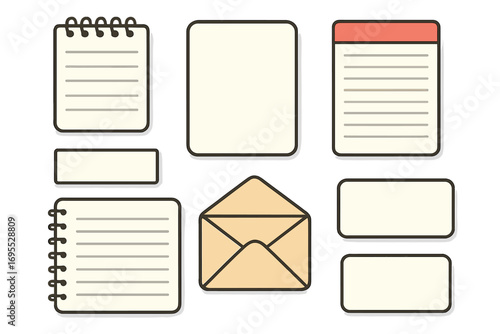 Vector set of blank stationery items. Collection of cartoon notepads, spiral notebook, memo pad, and envelope. Office and school supplies for notes, planning, and organization.