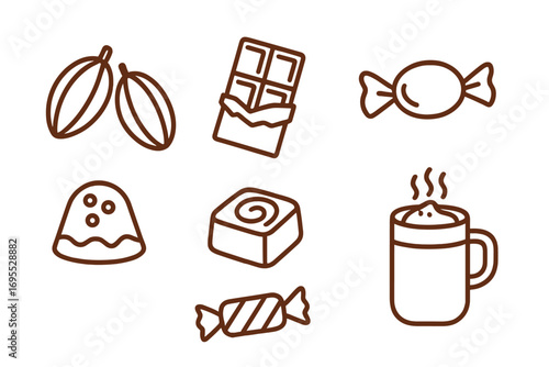 Chocolate line icon set. Vector symbols of cocoa, candy, bar, and hot drink. Simple outline illustration of confectionery, sweets, and dessert food. Isolated graphic element collection.