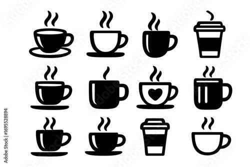 Coffee cup icon set. Various hot drink mug and teacup symbols. Black vector silhouette collection for cafe menu, logo design. Espresso, latte, cappuccino graphics.