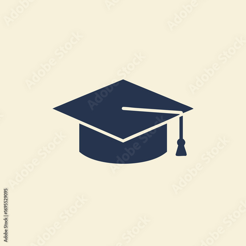 A simple, minimalist graphic of a dark blue graduation cap with a tassel, set against a plain, light beige background.