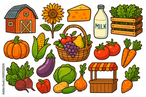 Farm market produce icon set. Cartoon vector illustrations of fresh organic food. Harvest vegetables, fruits, milk, cheese, barn. Agriculture concept for local farmers market.