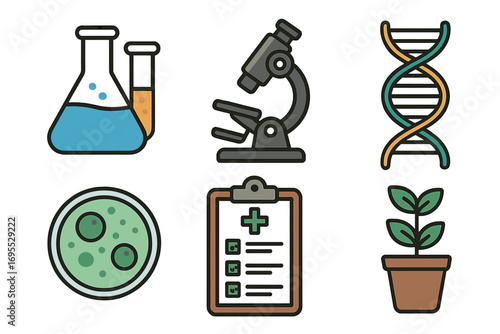 Science and research icon set with laboratory symbols. Vector illustration of microscope, DNA, petri dish, chemistry flask for biotechnology and medical analysis concepts.