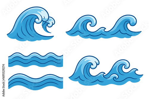 Set of blue cartoon ocean waves. Vector graphic elements for design. Sea water splash, surf, and fluid motion patterns. Simple storm tide illustration isolated on white.