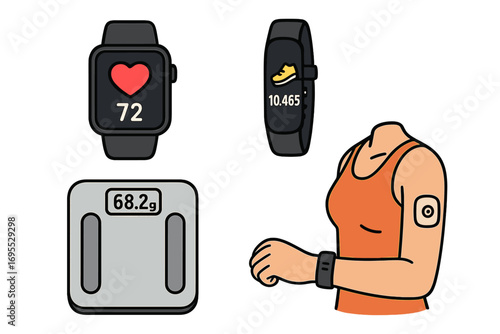 Wearable health technology set for fitness and wellness tracking. Vector icons of smartwatch with heart rate, fitness tracker with steps, scale, and glucose monitor sensor.