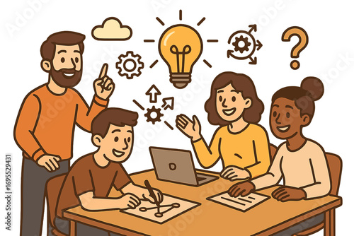 Creative brainstorming session fostering teamwork. Collaboration and innovation in a business environment. People focusing on problem-solving strategies. Idea generation vector.