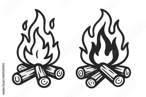 Set of two campfire icons. Black and white bonfire with flames and logs. Simple vector illustration for camping, adventure, and travel themes. Symbol of warmth and nature.