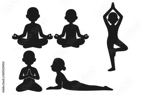 Yoga poses silhouette vector set. People in various asanas like lotus, tree, cobra pose. Man and woman figures for fitness, meditation, health, and spiritual wellness concept.