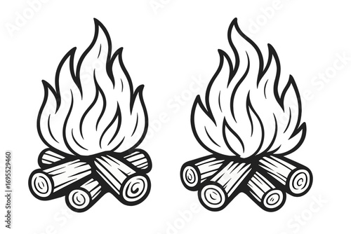 Two campfires line art icon. Simple black and white bonfire vector illustration. Outdoor camping and adventure concept. Burning wood logs and flames symbol for travel and survival.