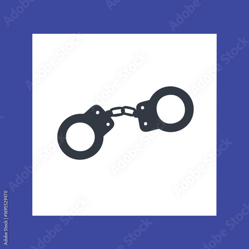 A dark silhouette of a pair of handcuffs is displayed against a white background within a blue border.