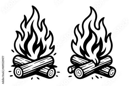 Campfire icon set. Black and white bonfire with burning wood logs and flames. Simple vector illustration for camping, travel, and outdoor adventure themes. Warmth and hiking.