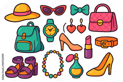 Fashion accessories set. Woman style collection. Vector cartoon icons. Beauty makeup elements. Summer clothes items. Hat, bag, shoes, lipstick, perfume, jewelry, watch, glasses.