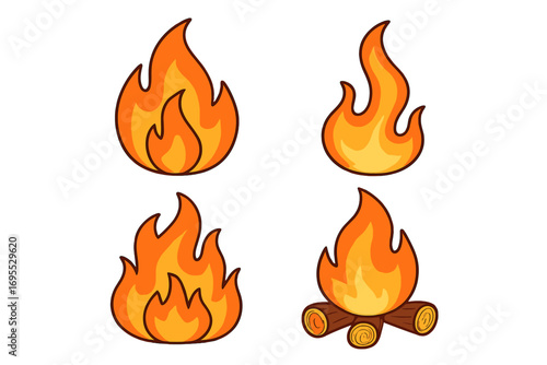 Vector set of fire flames, campfire, and bonfire icons. Cartoon illustration collection of hot burning blaze symbols. Simple flat clipart of firewood, inferno and heat.