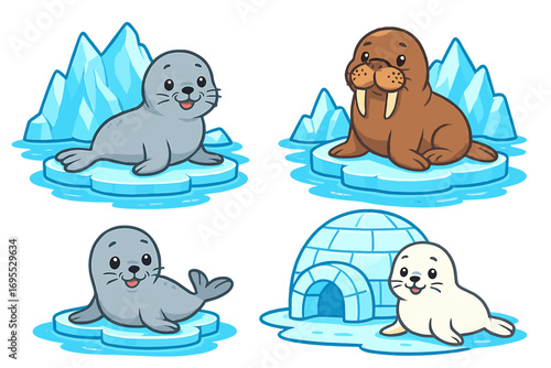 Cute cartoon seal and walrus vector set. Arctic animal characters collection. North pole wildlife with iceberg and igloo. Funny winter animal mascots for kids. Clipart illustration.