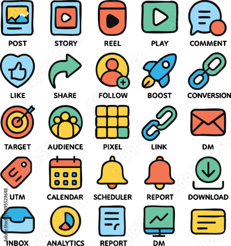 Social Media and Digital Marketing HandDrawn Icons Set.