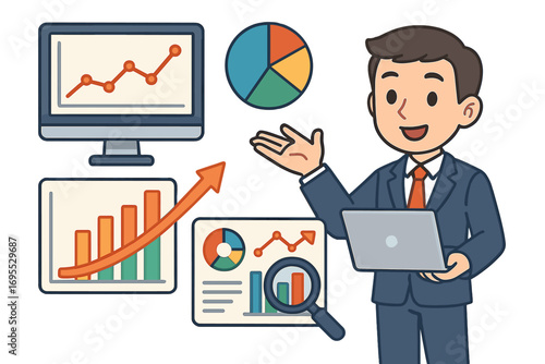 Businessman presenting data analysis and business insights. Data visualization tools show financial trends, analytics, and growth charts. Vector cartoon for corporate success.