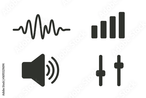 Audio control icon set. Sound wave, speaker volume, signal strength bars, equalizer faders. Minimalist flat vector graphic for music player interface, app, web design.