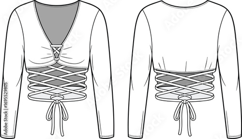Women lace up crop top sketch, stylish fashion blouse template, long sleeve garment design, trendy apparel illustration, modern clothing flat drawing