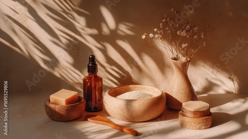 Elegant still life of natural skincare products with sunlight and shadows creating a calming and spalike atmosphere