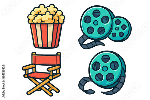 Movie icon set vector cartoon. Cinema elements collection. Film production objects. Popcorn, director chair, film reel. Entertainment industry graphic design for creative projects.