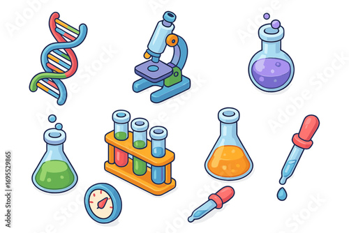 Isometric science icons set with DNA, microscope, test tube, and lab equipment. Vector cartoon illustration for chemistry, biology, and research. Laboratory experiment concept.