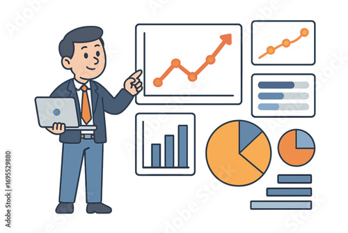 Businessman with laptop presents data visualization. Analytics and business insights for decision making. Financial report with graphs, charts. Vector cartoon illustration concept.