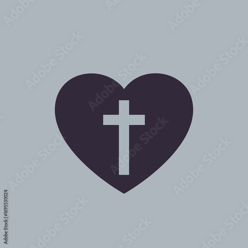 A dark purple heart with a white Christian cross symbol in the center against a plain grey background.