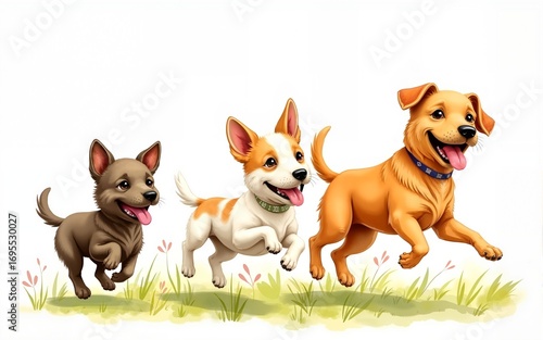 Happy dogs running joyfully in whimsical watercolor style painting, World spay day concept. High quality