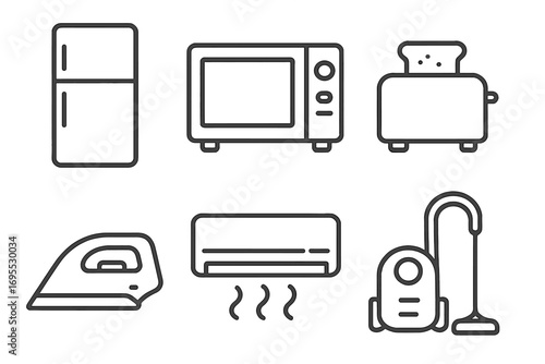 Household appliances line icon set. Home electronics collection. Refrigerator, microwave, toaster, iron, AC, vacuum cleaner. Vector outline pictogram symbols for web design.