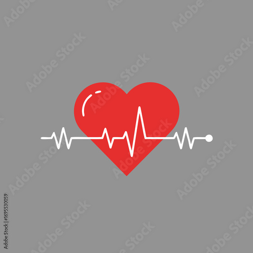 Red heart with a white electrocardiogram (ECG) heartbeat line on a grey background, symbolizing health and medical care.