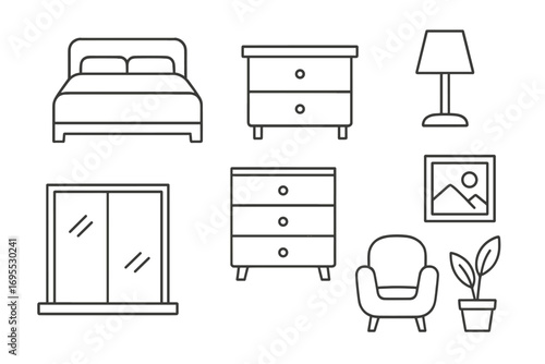 Minimalist bedroom furniture icon set in linear design. Vector collection of interior elements: bed, nightstand, dresser, lamp, chair, window, plant, picture. Home decor icons.