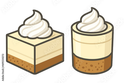 Cheesecake dessert portions with whipped cream topping. Layered cake with graham cracker crust. Square and round geometric shapes. Vector cartoon food icon illustration design.