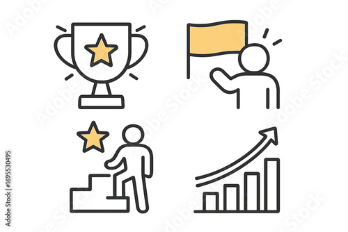 Success and achievement icon set. Business progress and career growth symbols. Winner trophy, goal reaching, and development chart. Vector line icons for motivation.