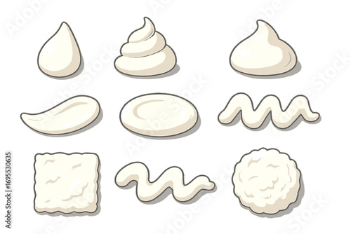 White cream textures set. Cosmetic lotion swatches. Skincare moisturizer, face gel, body butter smears, drops, swirls. Vector cartoon illustration collection isolated.